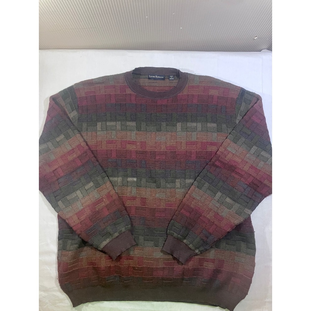 Lenor Romano Mens Extrafine Merino Wool Sweater Geometric Knit Made in Uruguay L